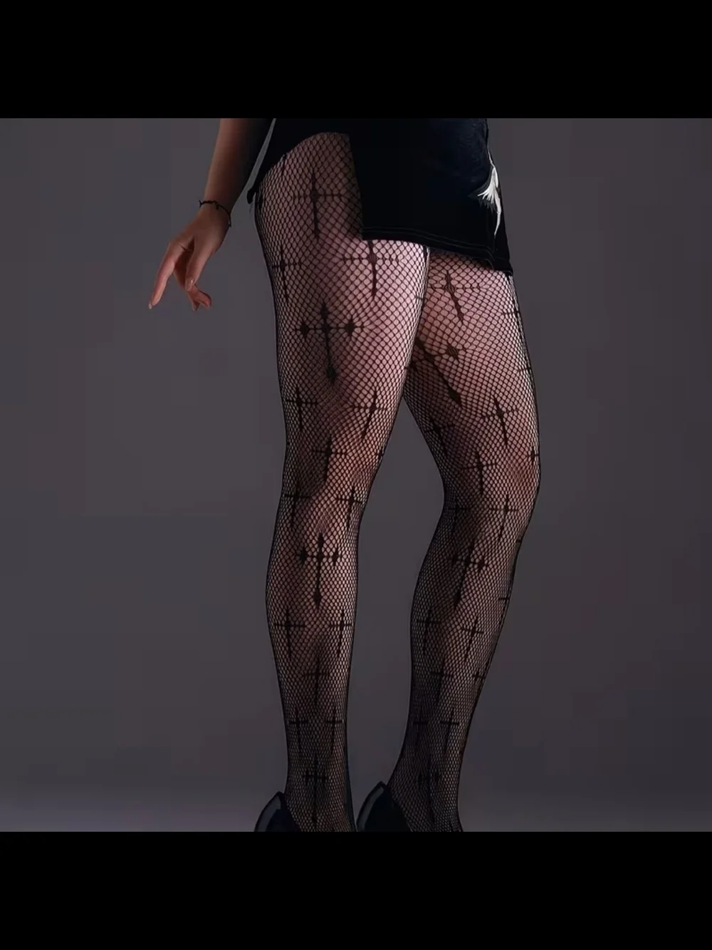 Black Plus Sheer Fishnet Stockings with Cross Pattern
